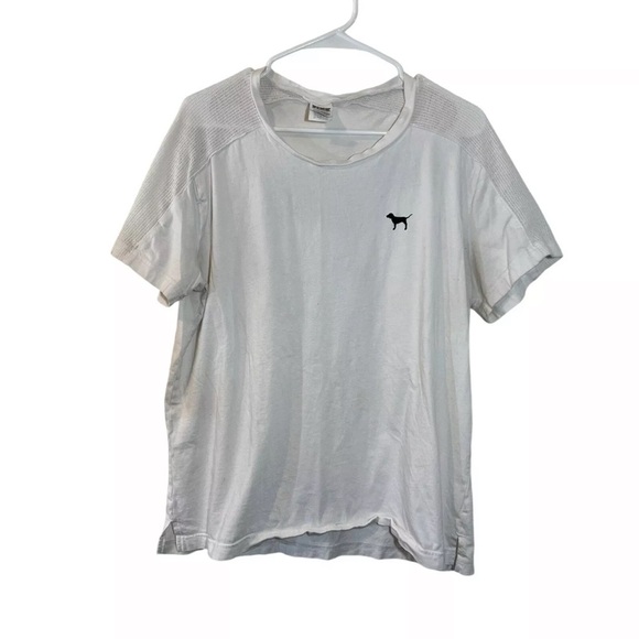 PINK Victoria's Secret T Shirt Large Black and White Mesh Sleeves Dog Logo Knit - Picture 1 of 5